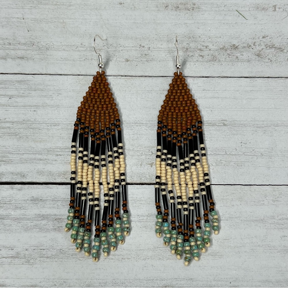 Boho Seed Beaded Earrings Brown Black Fringe Dangle Drop Earrings 4 in - Picture 4 of 6